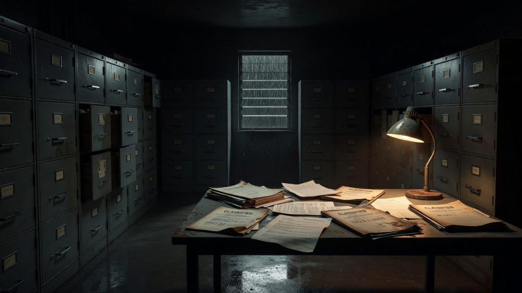 Dim archive room and classified folders evoking the McGehee v. CIA Jonestown files fight — ConspiracyRealist.com