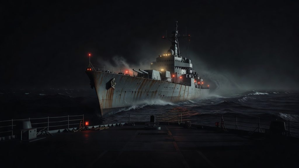 Dark Pacific destroyer in chemical haze during Project SHAD methylacetoacetate test — ConspiracyRealist.com