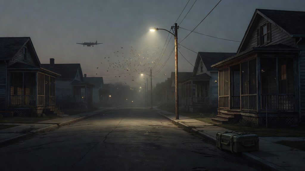 1950s Southern neighborhood under a dark sky evoking Operation Drop Kick mosquito weapon test — ConspiracyRealist.com