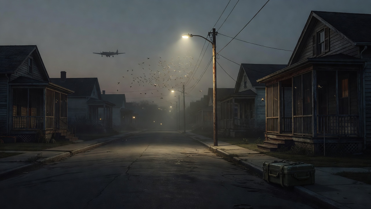 1950s Southern neighborhood under a dark sky evoking Operation Drop Kick mosquito weapon test — ConspiracyRealist.com