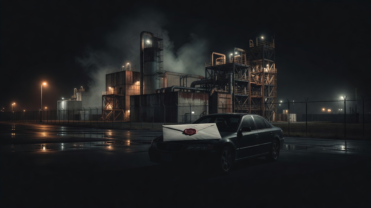 Article IX clarification requests at a fenced chemical facility at dusk — ConspiracyRealist.com