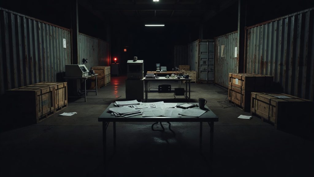 Shadowed cargo inspection bay illustrating Australia Group catch-all controls — ConspiracyRealist.com