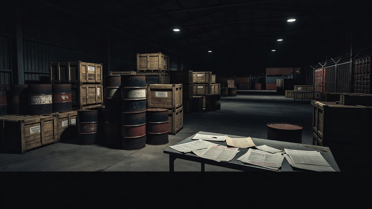 Dim export inspection warehouse symbolizing the Australia Group no-undercut rule — ConspiracyRealist.com