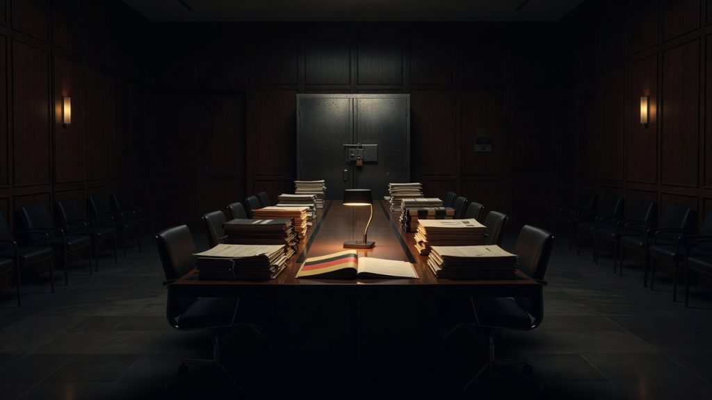 Locked BWC CBM report files in a dark Geneva conference room — ConspiracyRealist.com