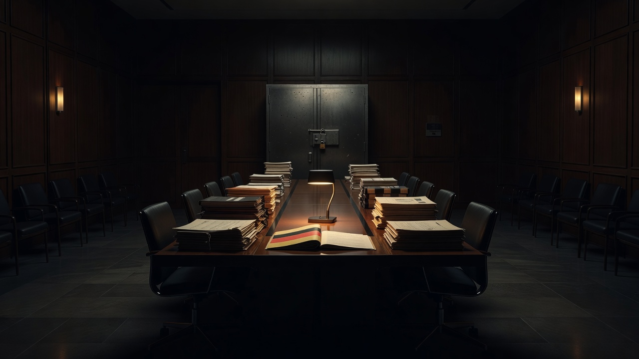 Locked BWC CBM report files in a dark Geneva conference room — ConspiracyRealist.com
