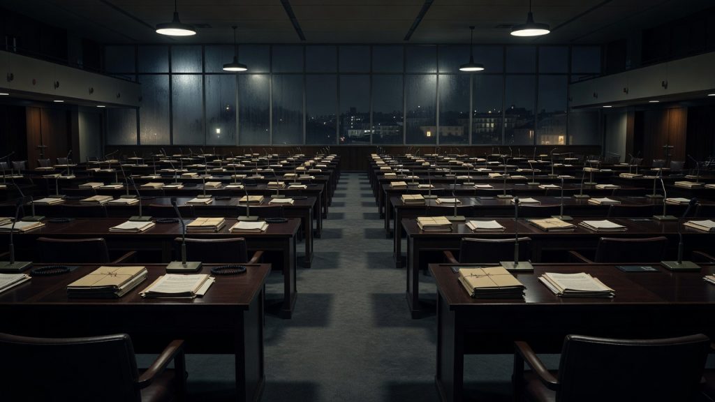Empty Geneva conference chamber symbolizing the BWC confidentiality commission debate — ConspiracyRealist.com