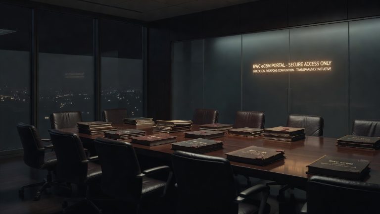 Dim conference room and secure portal imagery for the BWC eCBM portal investigation — ConspiracyRealist.com