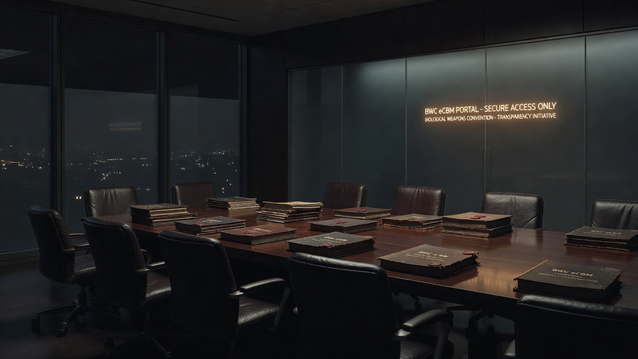 Dim conference room and secure portal imagery for the BWC eCBM portal investigation — ConspiracyRealist.com