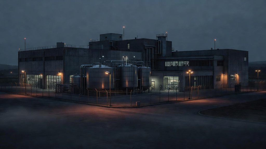 Vaccine production facility at dusk under CBM Form G secrecy — ConspiracyRealist.com