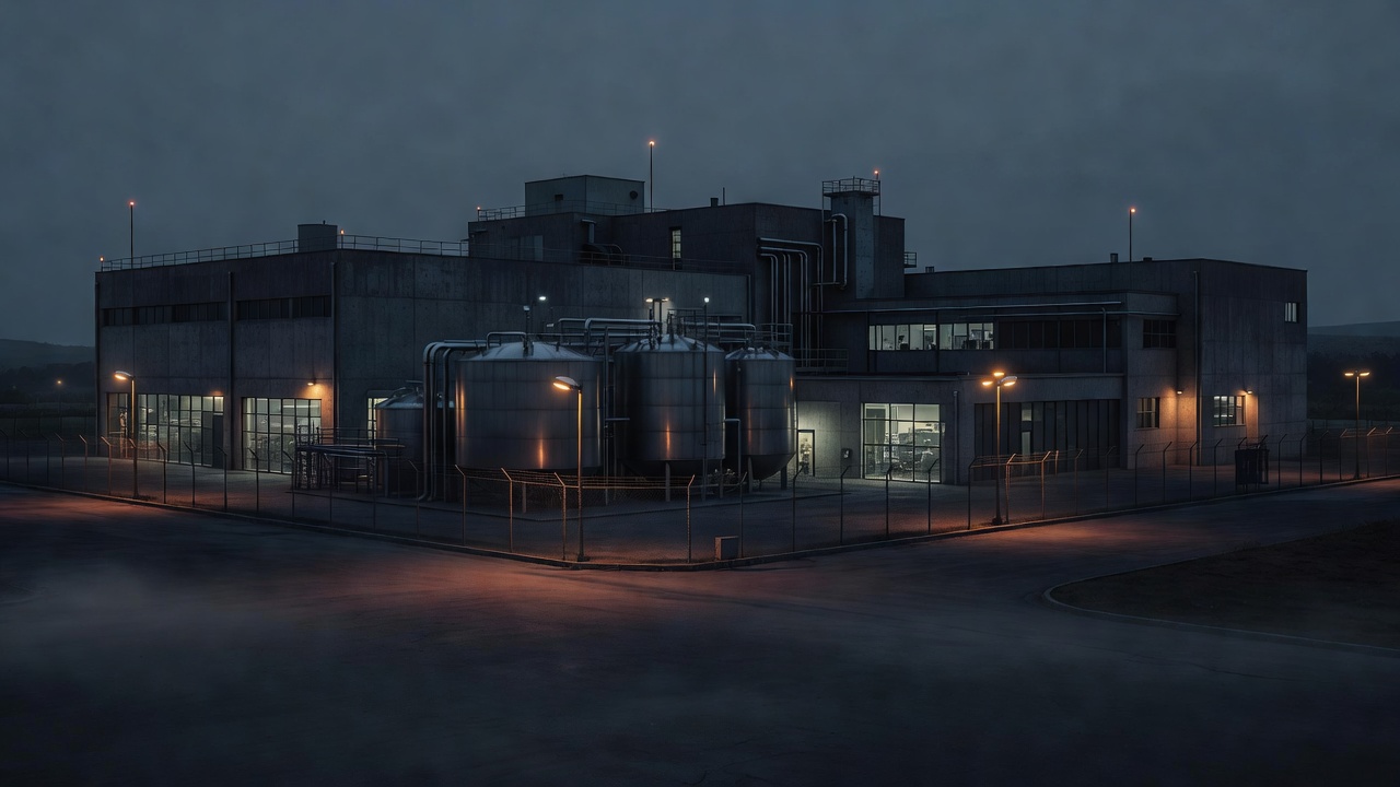 Vaccine production facility at dusk under CBM Form G secrecy — ConspiracyRealist.com