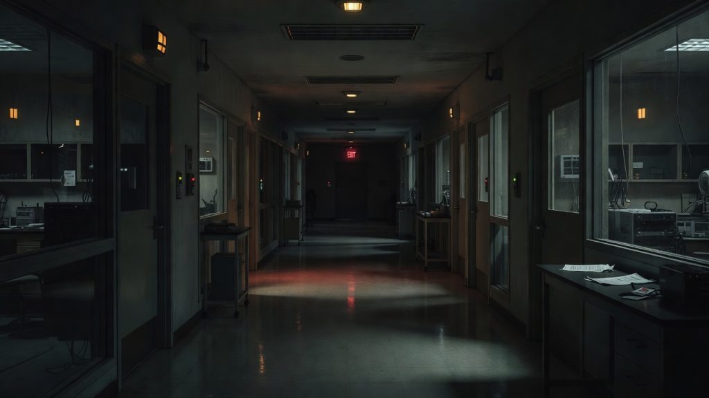 Night laboratory corridor for Domestic Mantis Initiative investigation — ConspiracyRealist.com