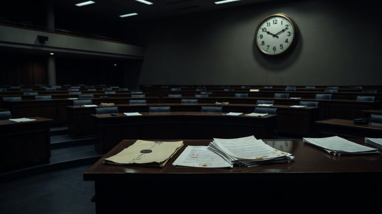 Empty treaty council chamber and dossier representing Navalny Article IX special session — ConspiracyRealist.com