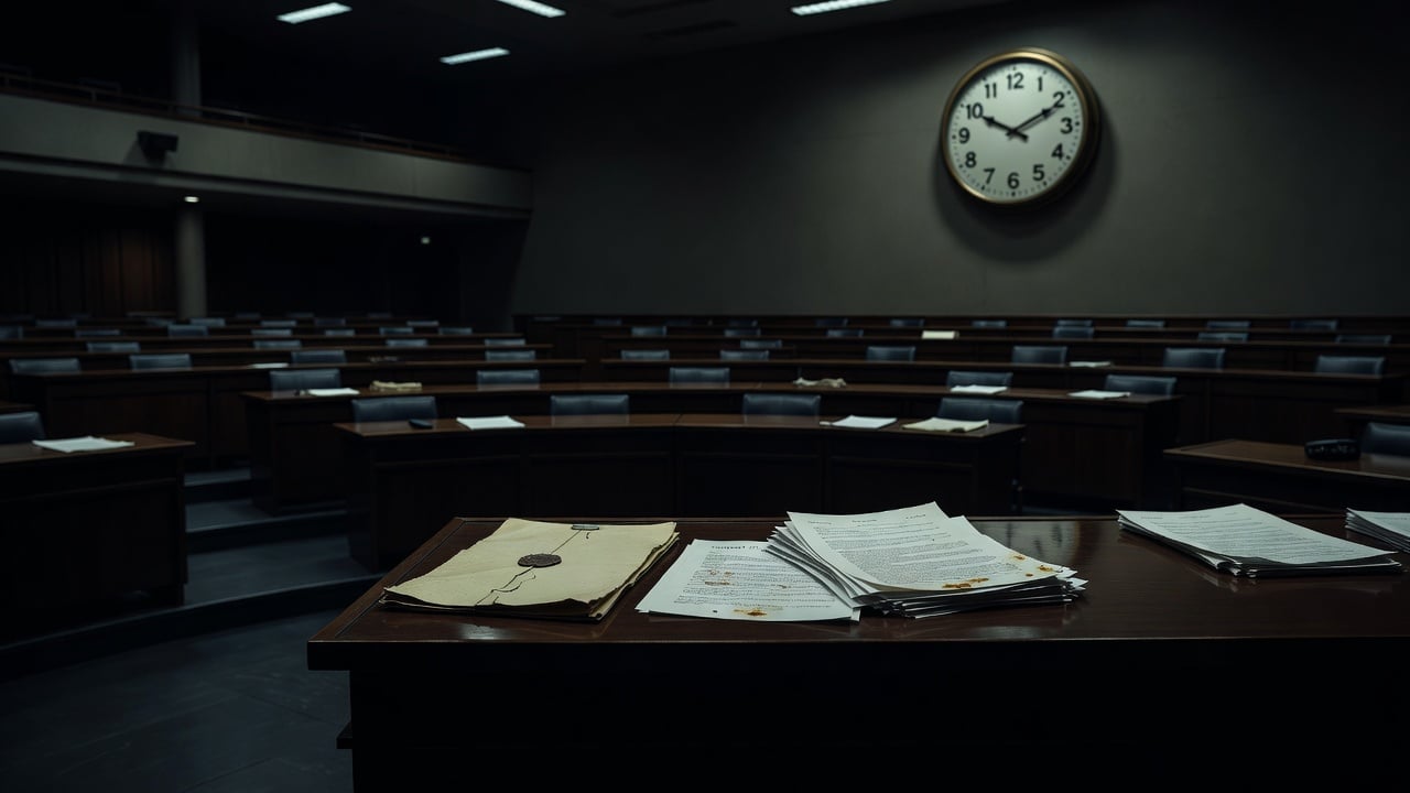 Empty treaty council chamber and dossier representing Navalny Article IX special session — ConspiracyRealist.com