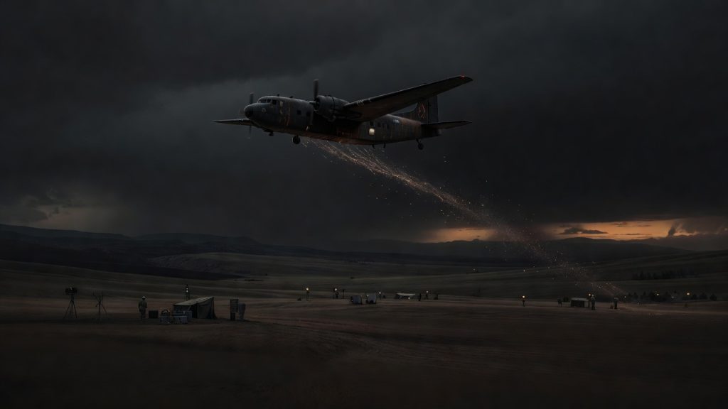 Operation LAC cargo plane releasing aerosol trail over a dark American landscape — ConspiracyRealist.com