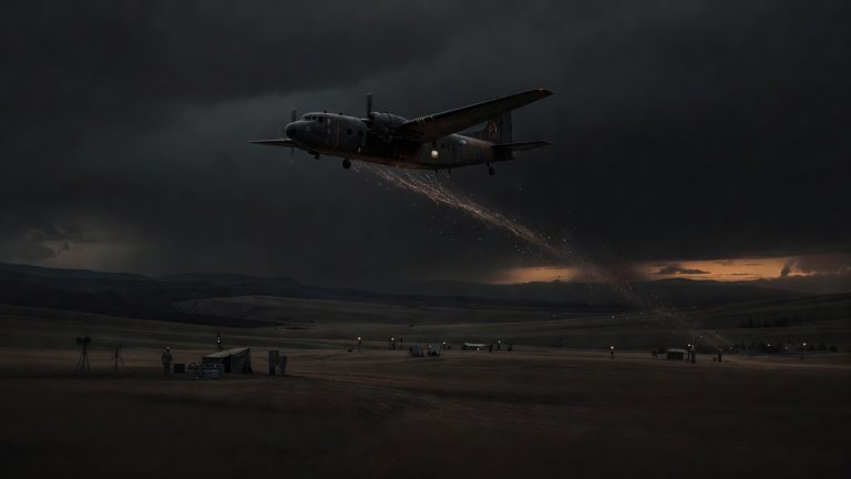 Operation LAC cargo plane releasing aerosol trail over a dark American landscape — ConspiracyRealist.com