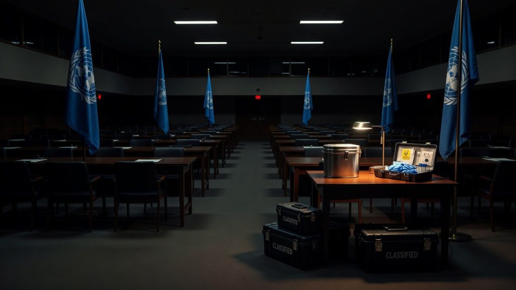 Empty UN conference chamber with sealed evidence kit for UNSGM biological weapons investigation — ConspiracyRealist.com