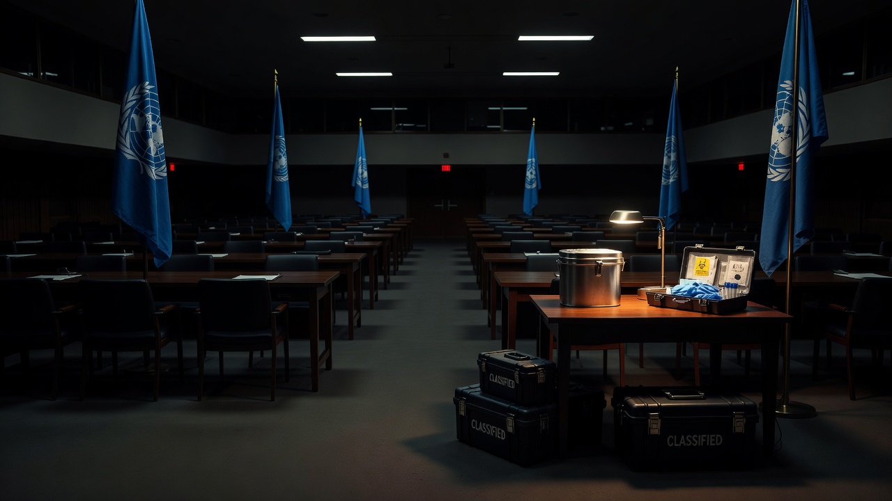 Empty UN conference chamber with sealed evidence kit for UNSGM biological weapons investigation — ConspiracyRealist.com