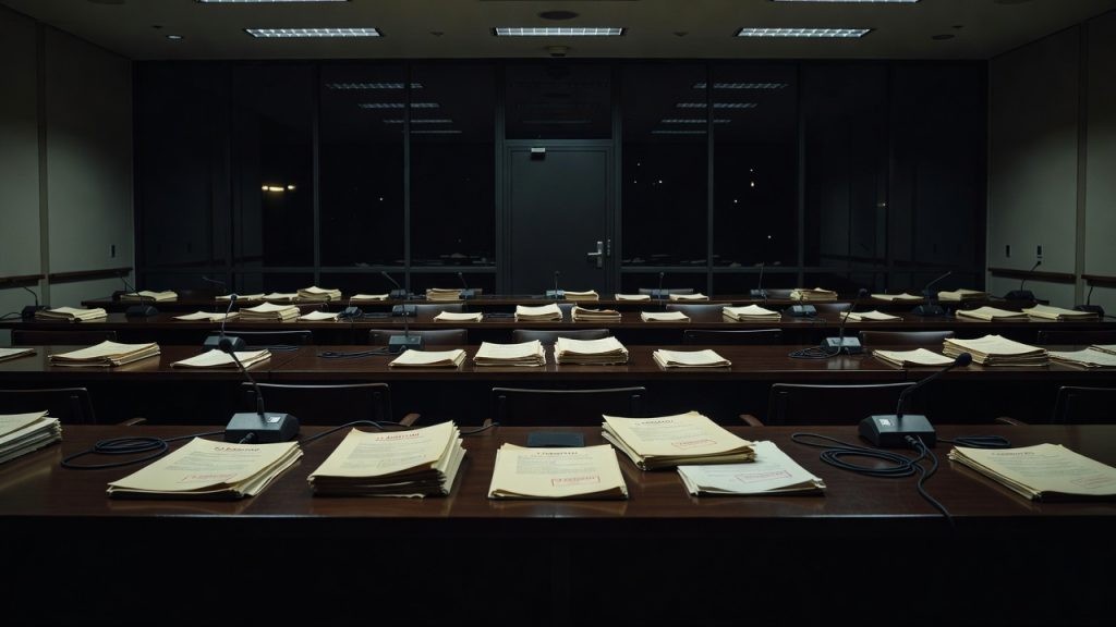 Empty conference chamber representing VEREX biological weapons verification talks — ConspiracyRealist.com
