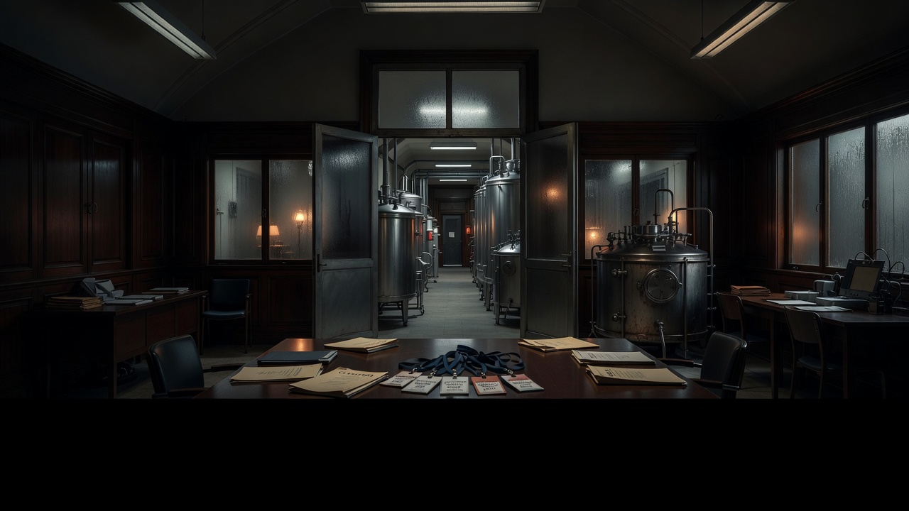 Dim biotech inspection corridor evoking VEREX commercial confidentiality disputes — ConspiracyRealist.com