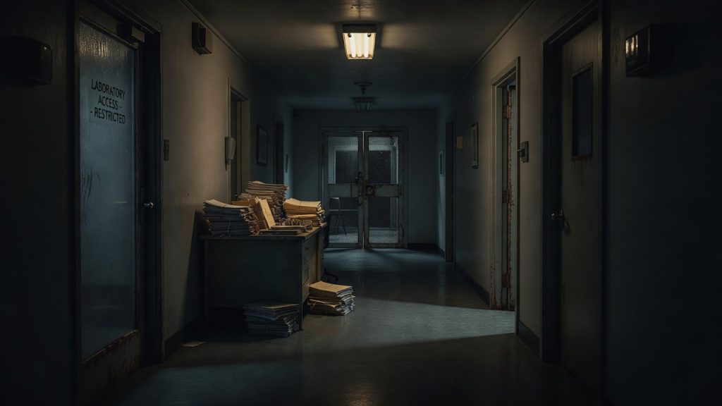Visa Mantis screening scene in a shadowed embassy corridor and sealed laboratory doorway — ConspiracyRealist.com
