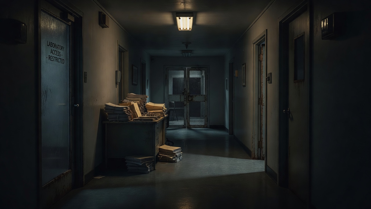 Visa Mantis screening scene in a shadowed embassy corridor and sealed laboratory doorway — ConspiracyRealist.com