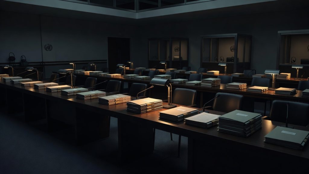 Stacks of BWC CBM reports in a dark conference chamber — ConspiracyRealist.com