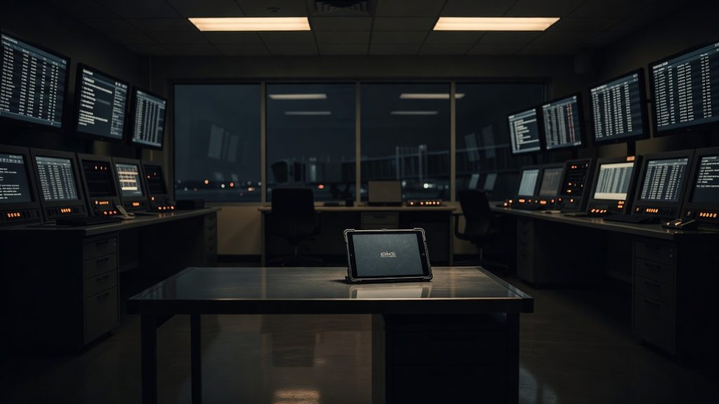 Airport operations room and government tablet representing the 2014 DHS mobile app PNR exposure — ConspiracyRealist.com