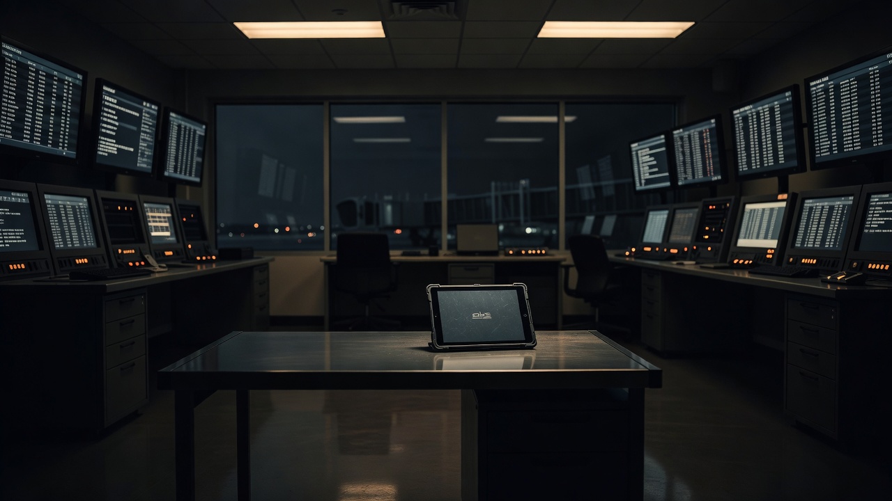 Airport operations room and government tablet representing the 2014 DHS mobile app PNR exposure — ConspiracyRealist.com