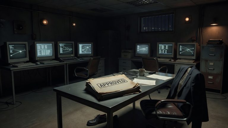 Shadowed airport command desk symbolizing the 2015 PNR approval test — ConspiracyRealist.com