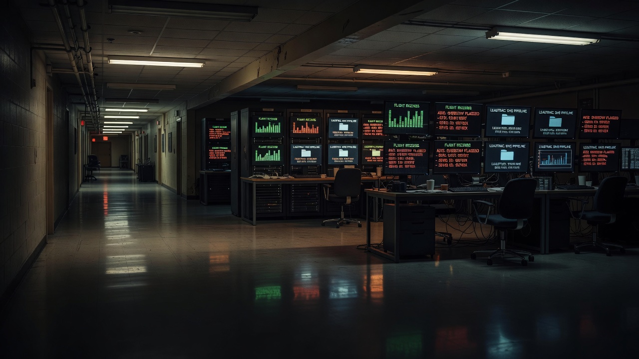 Shadowed airport data corridor illustrating the ADIS SEVIS LeadTrac overstay pipeline — ConspiracyRealist.com
