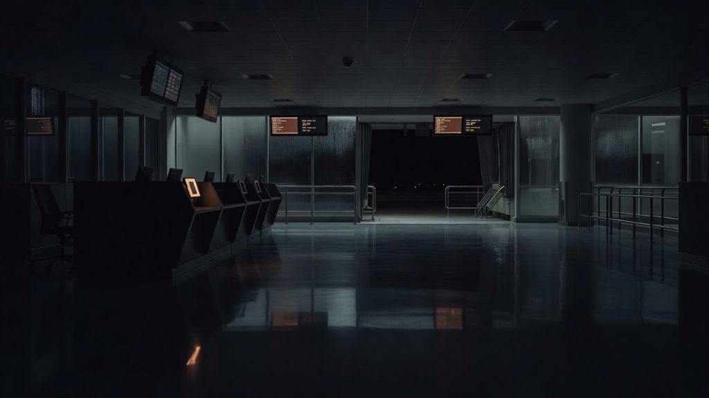 Empty international departure gate representing APIS Pre-Departure watchlist screening — ConspiracyRealist.com