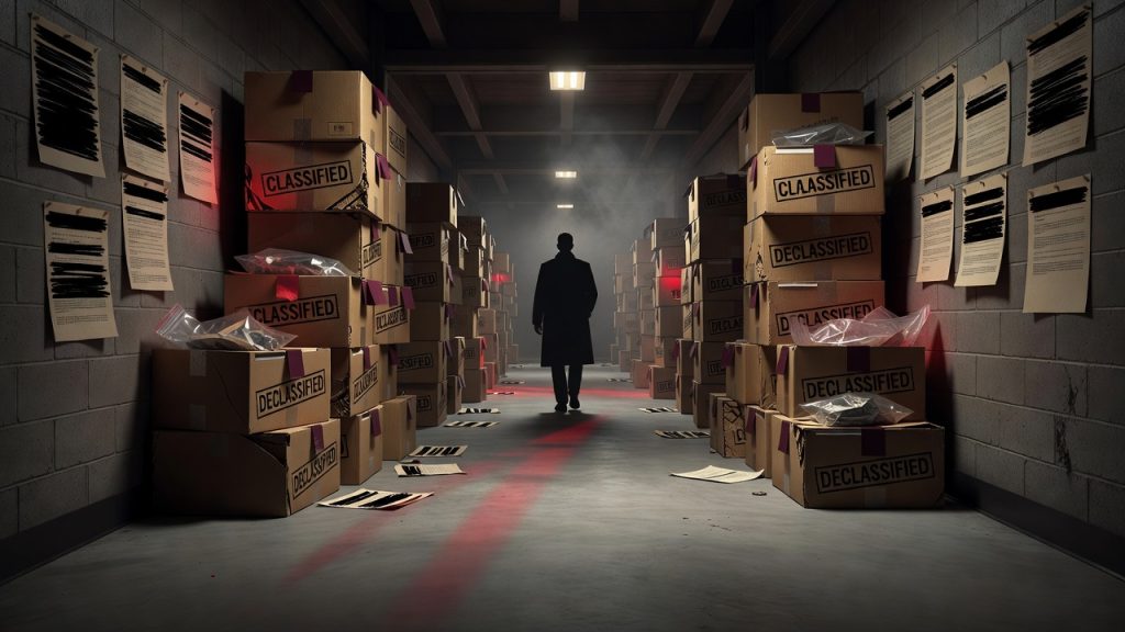 Dark faceless government archive corridor with redacted dossiers, maroon evidence tabs, metadata sheets, and ominous crimson lighting symbolizing the archive laundering conspiracy — ConspiracyRealist.com