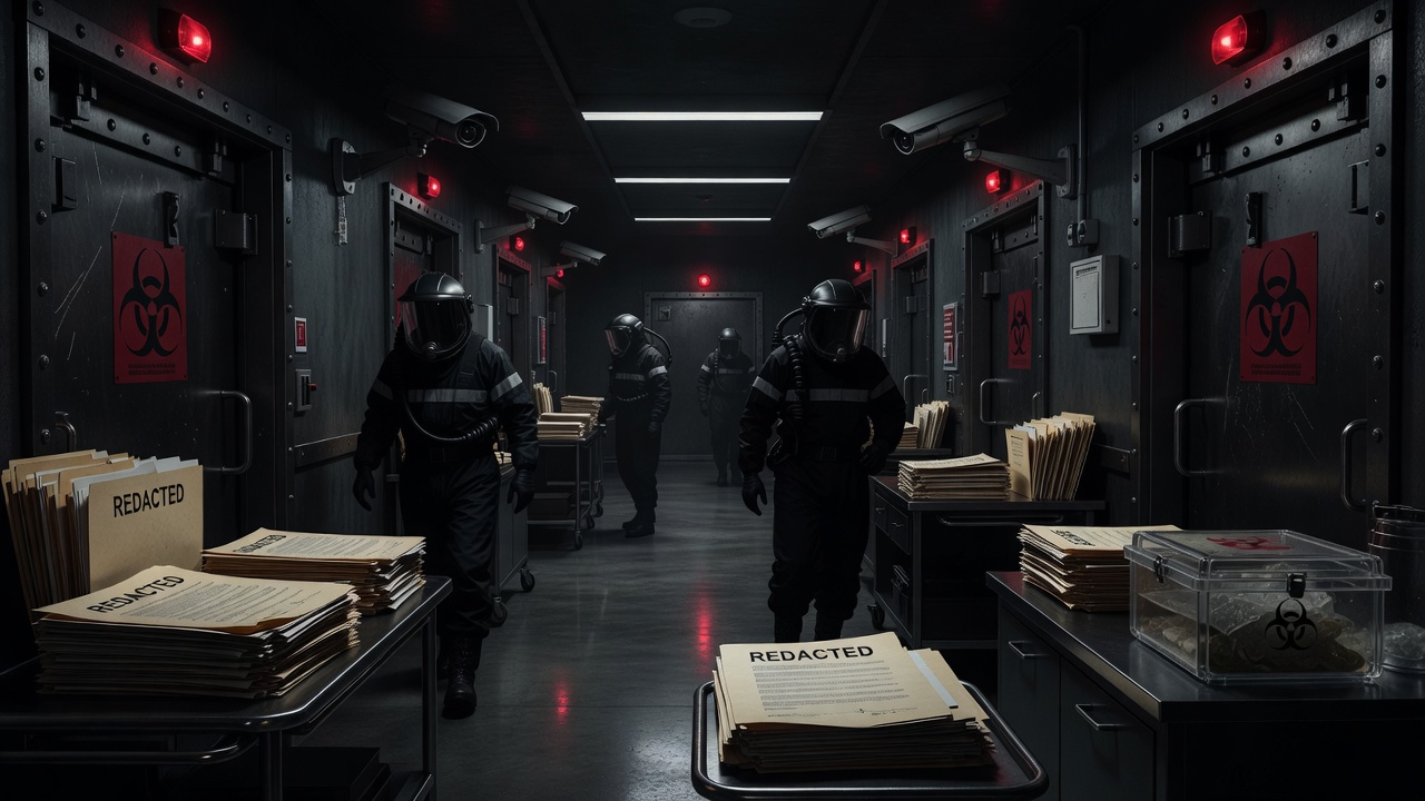 Dark faceless biosecurity corridor with redacted dossiers and sealed lab infrastructure symbolizing a permanent biodefense state — ConspiracyRealist.com