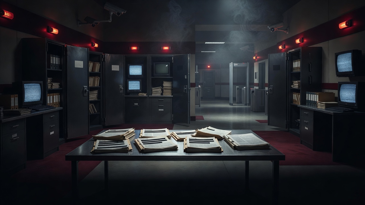 Dark faceless federal records room with redacted dossiers, surveillance shadows, and deep maroon warning light symbolizing the classification conspiracy — ConspiracyRealist.com