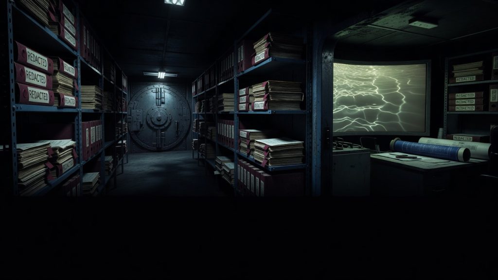 Dark faceless government records corridor with redacted dossiers, maroon evidence tabs, and shadowy intelligence-room lighting symbolizing the Glomar conspiracy — ConspiracyRealist.com
