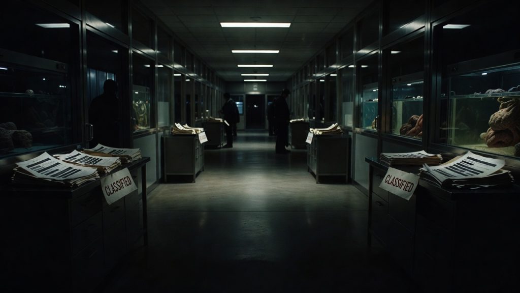 Dark faceless government biolab corridor with redacted dossiers and sealed specimen cases symbolizing hidden biological weapons oversight gaps — ConspiracyRealist.com