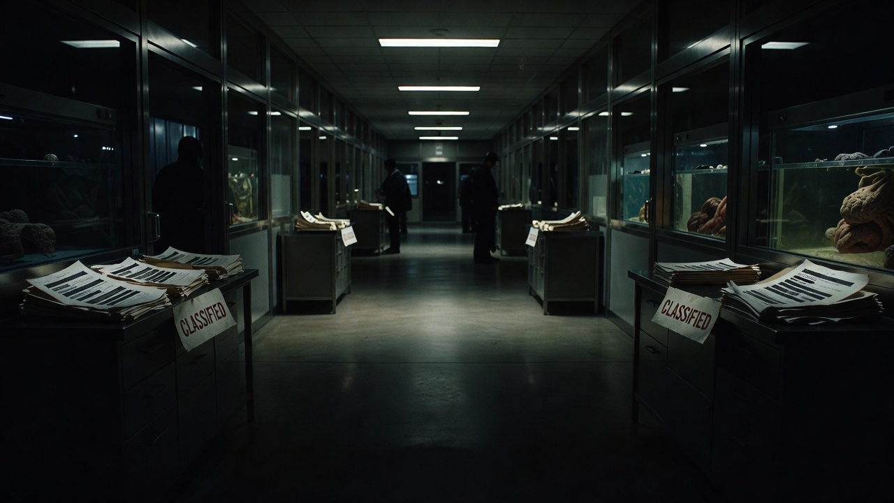 Dark faceless government biolab corridor with redacted dossiers and sealed specimen cases symbolizing hidden biological weapons oversight gaps — ConspiracyRealist.com
