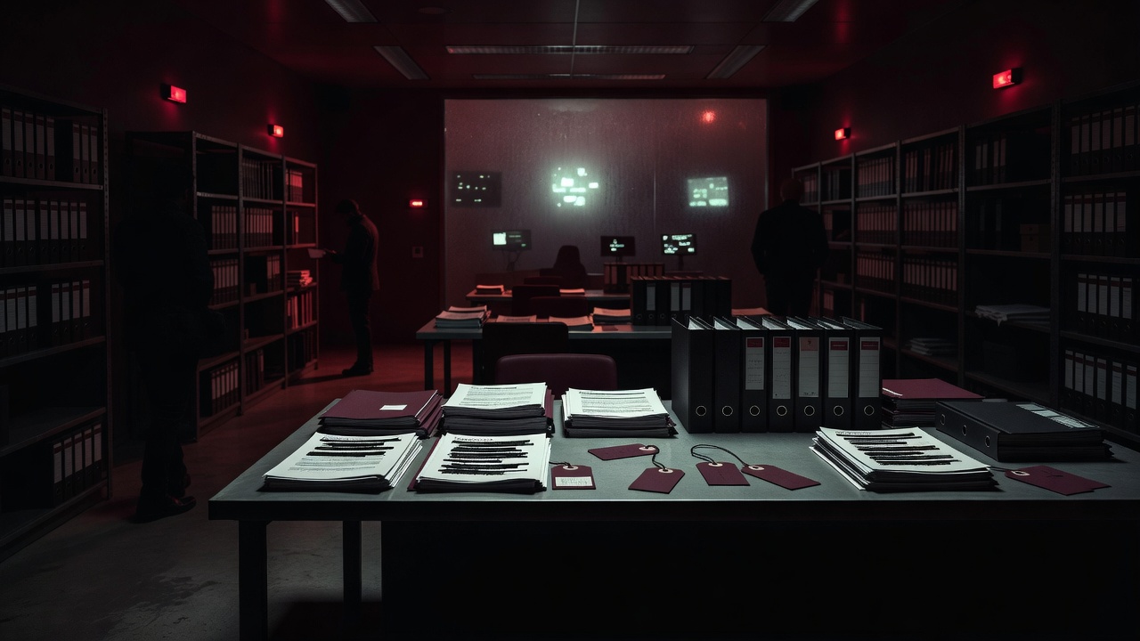 Dark faceless government archive corridor with redacted dossiers, maroon evidence tabs, and ominous anomaly-room lighting symbolizing the official acknowledgment conspiracy — ConspiracyRealist.com