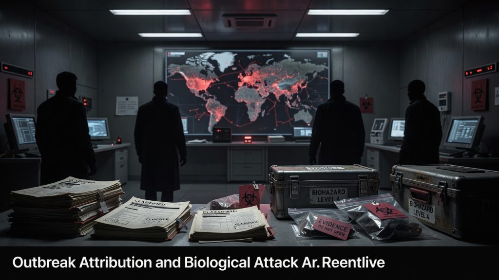 Faceless officials in a dark emergency operations room studying outbreak maps and redacted dossiers symbolizing the outbreak attribution conspiracy — ConspiracyRealist.com