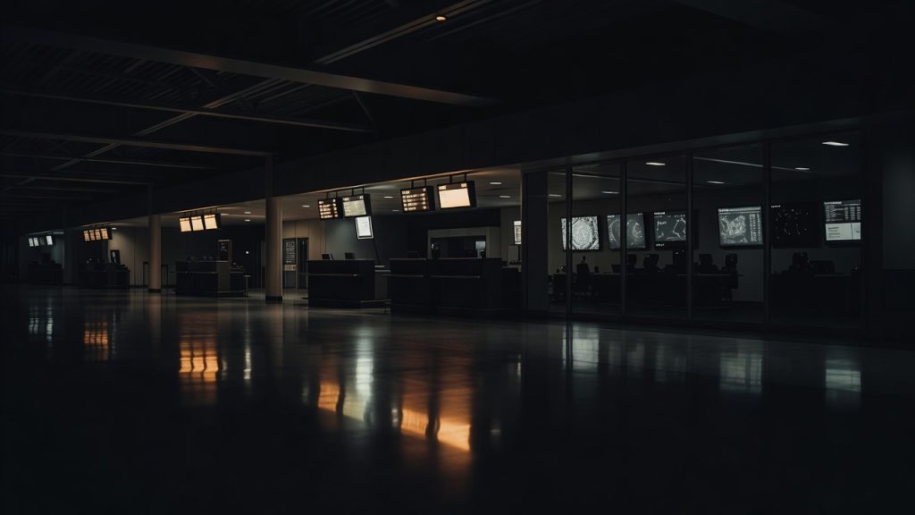 Empty international terminal representing PNR push vs pull surveillance — ConspiracyRealist.com