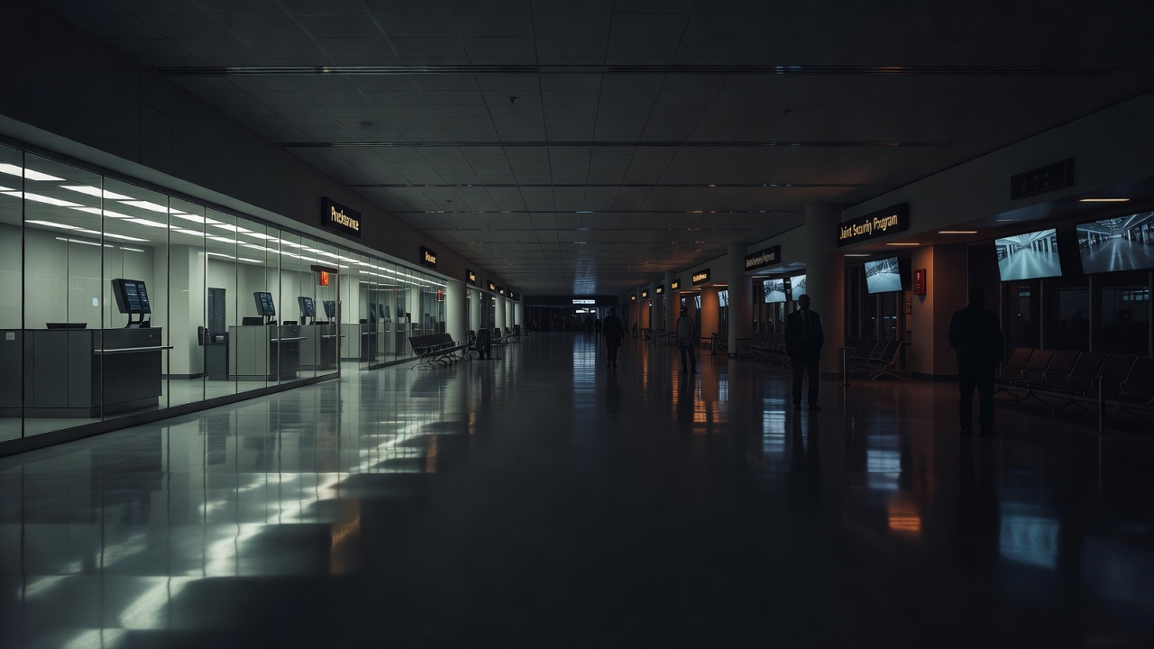 Dark foreign airport scene representing Preclearance vs JSP offshore border screening — ConspiracyRealist.com