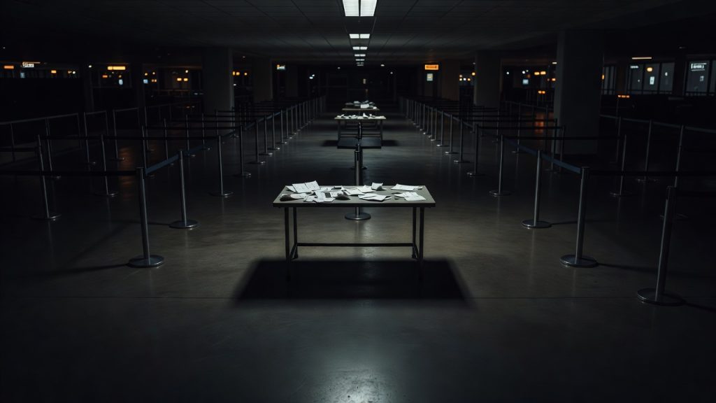 Empty airport screening lane symbolizing the Quiet Skies cleared list — ConspiracyRealist.com