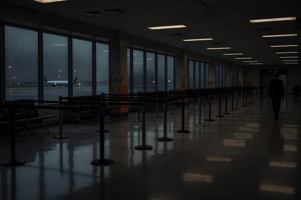 Quiet Skies passenger surveillance at a dark airport gate — ConspiracyRealist.com