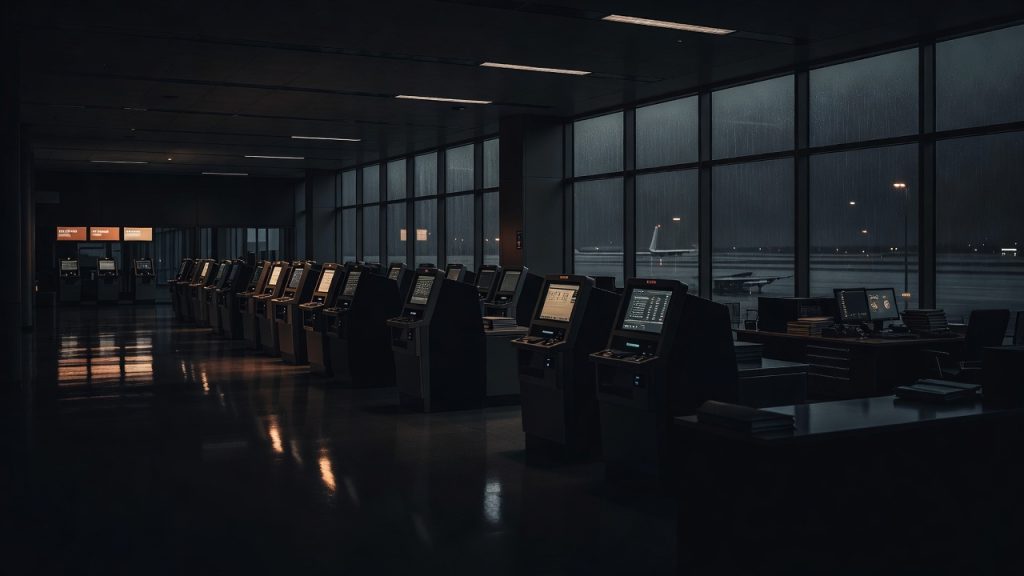 Dark airport reservation terminals symbolizing ResMon airline booking surveillance — ConspiracyRealist.com