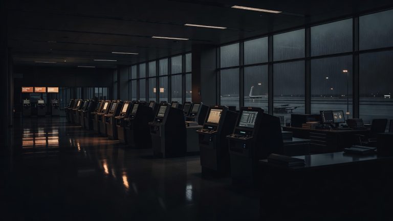 Dark airport reservation terminals symbolizing ResMon airline booking surveillance — ConspiracyRealist.com