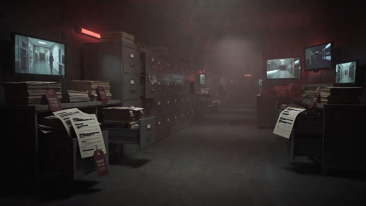 Dark faceless government archive corridor with redacted dossiers, maroon evidence tags, surveillance monitors, and ominous crimson lighting symbolizing the searchable transparency conspiracy — ConspiracyRealist.com