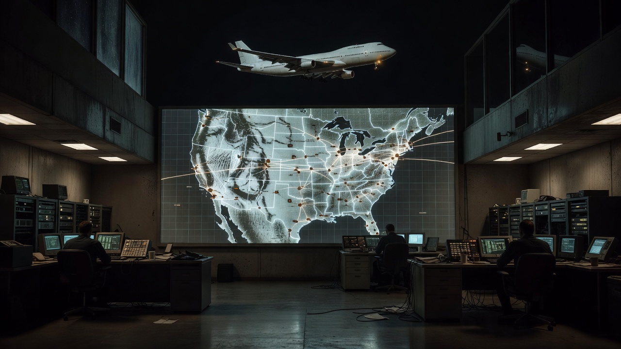 Commercial jet crossing U.S. airspace at night for Secure Flight overflight screening — ConspiracyRealist.com