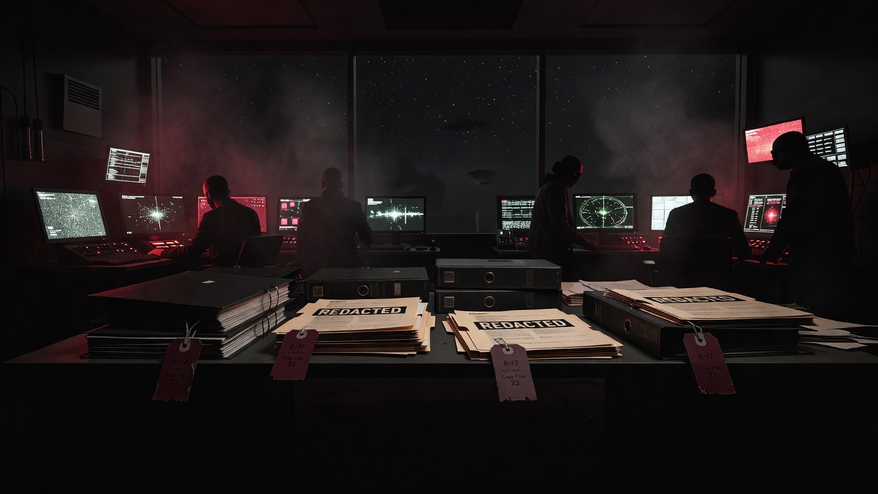 Dark faceless intelligence control room with redacted dossiers, radar screens, maroon evidence tags, and ominous crimson lighting symbolizing the sensor gatekeeping conspiracy — ConspiracyRealist.com