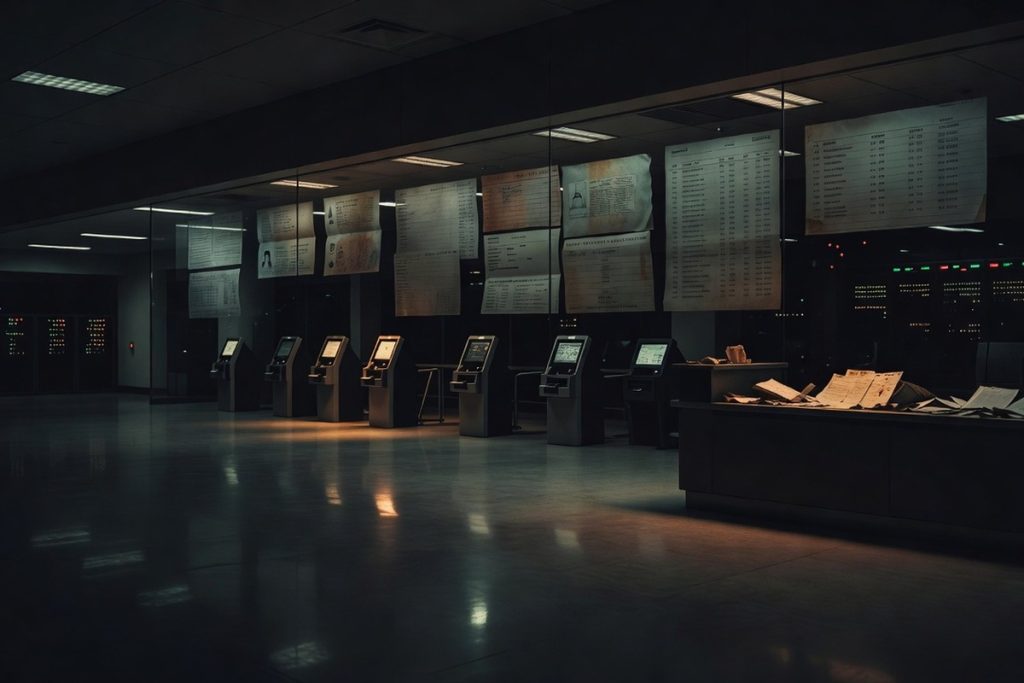 Airport check-in hall and surveillance glow representing the TECS to ATS passenger data pipeline — ConspiracyRealist.com