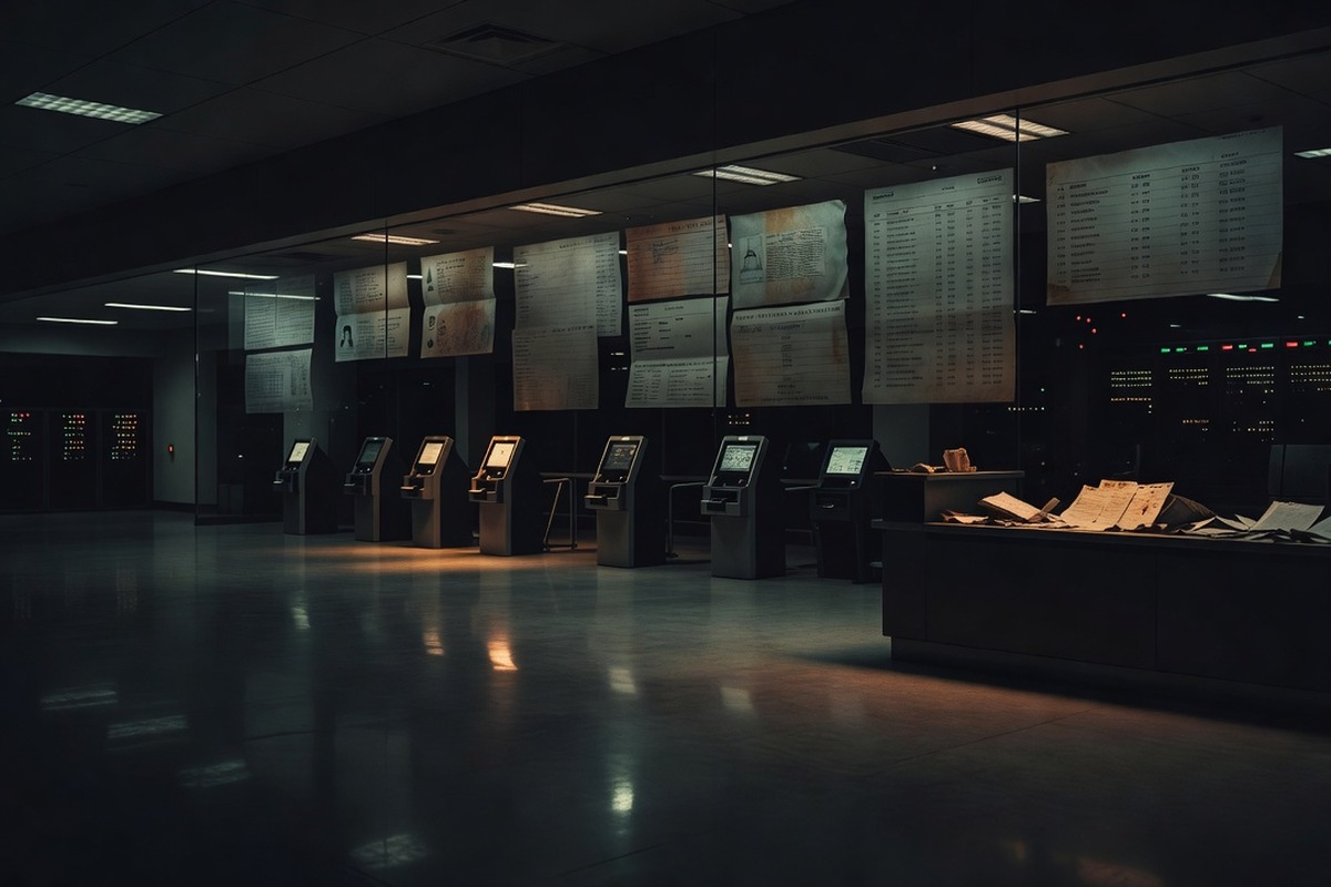 Airport check-in hall and surveillance glow representing the TECS to ATS passenger data pipeline — ConspiracyRealist.com